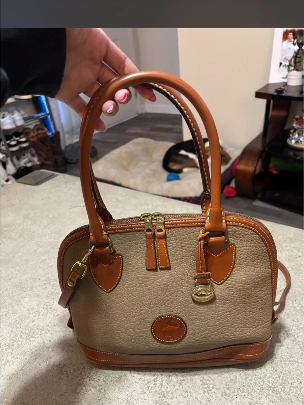 Dooney & Bourke vintage AWL Taupe Pebbled Leather Satchel with Brown Trim